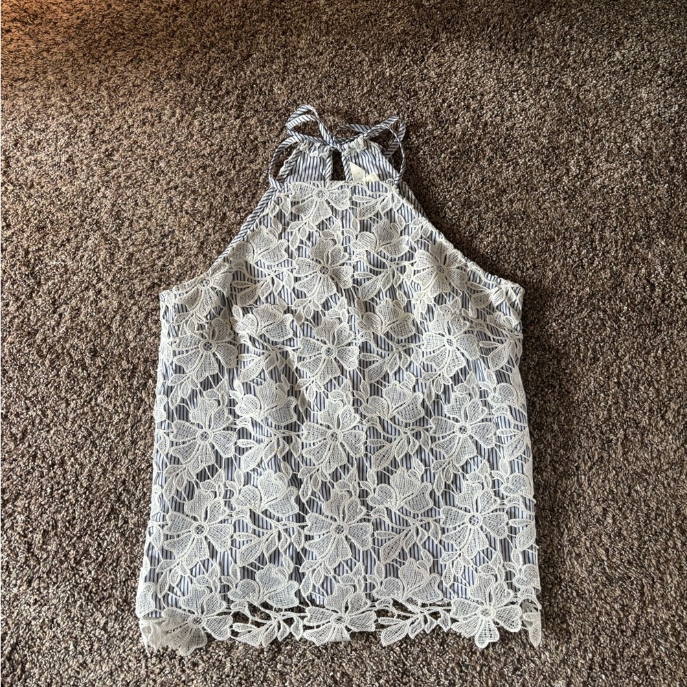 Adiva Cream Floral Lace Halter Tank with Navy Striped Lining